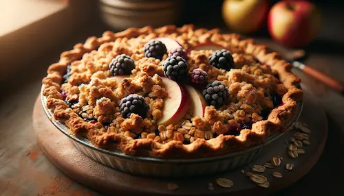 An apple blackberry pie with an oat topping