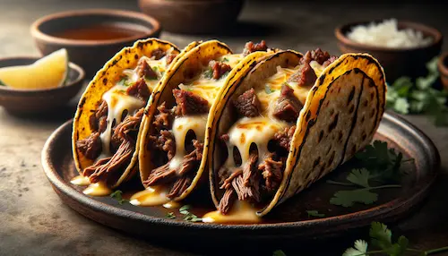 Fully stuffed tacos with beef and cheese, next to a bowl of consomme