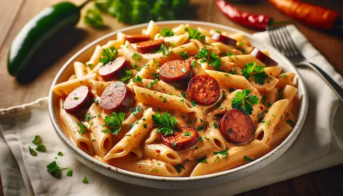 penne noodles with parsley, sausage, and a creamy sauce