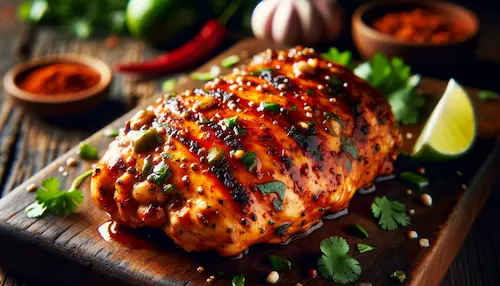 A single piece of chicken with a chipotle marinade, topped with herbs and surrounded by spices and chilis