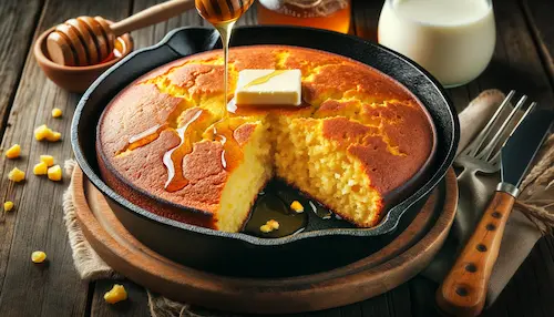 A cornbread with a slice from it in a cast iron pan with accouterments around it