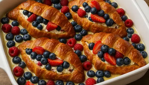 A plate of french toast with a croissant stuffed with berries