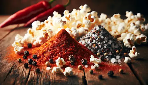 Some popcorn surrounded by salt, pepper, paprika, and chilis