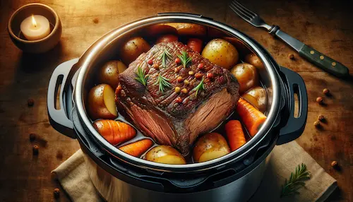 A delicious looking pot roast and vegetables