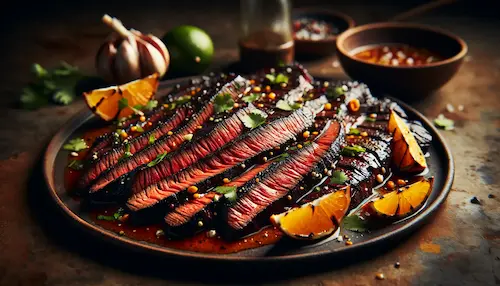 A sliced, seared skirt steak on a plate surrounded by different citruses and spices