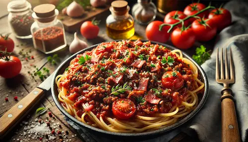 A plate of spaghetti with a delicious meaty sauce